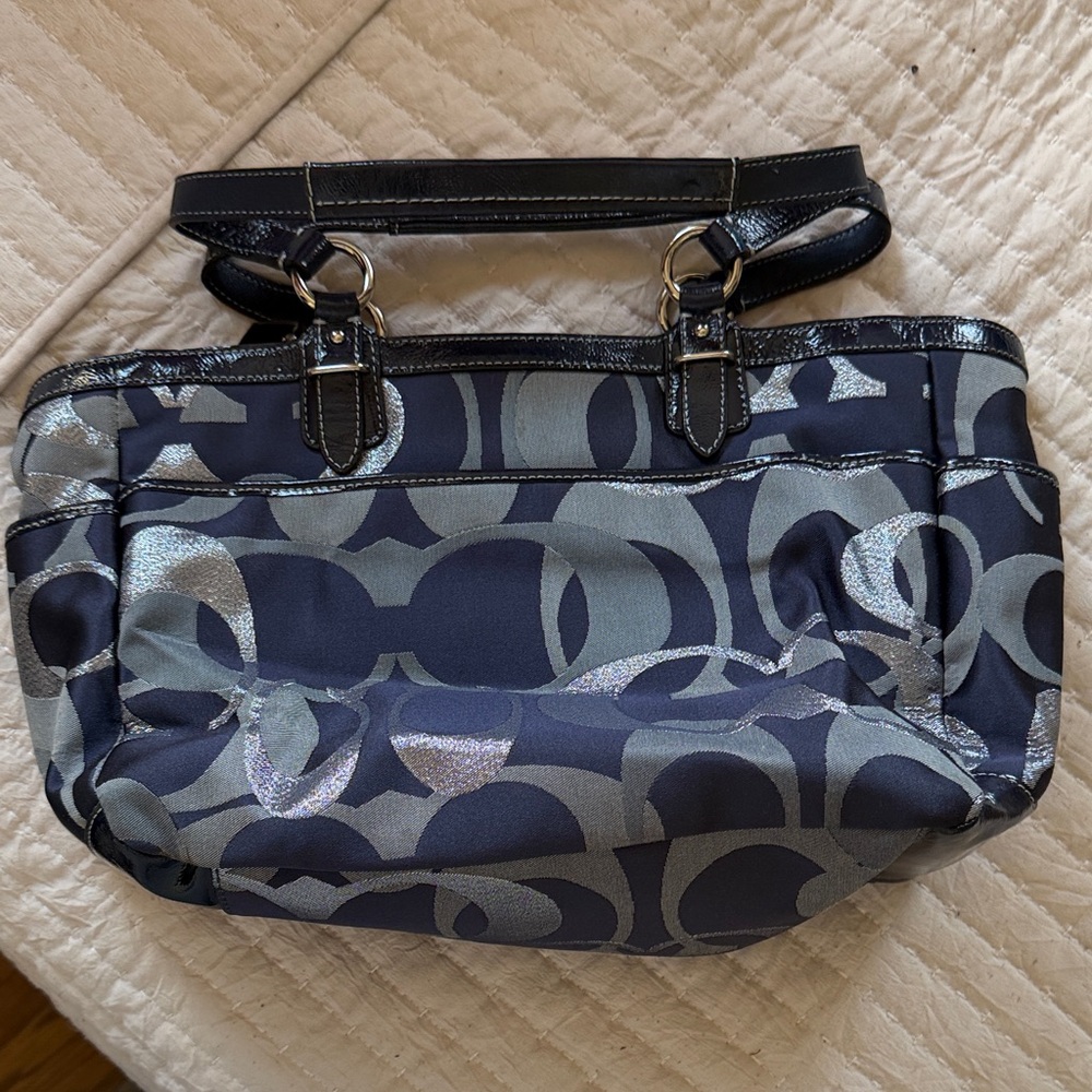 COACH Navy and Silver Signature Tote with Metallic Logo Plate - Picture 2 of 5